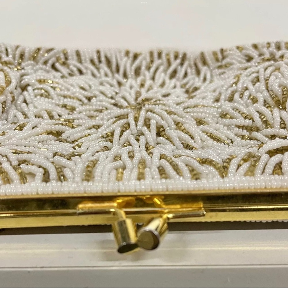 Vintage French handmade White Beaded Clutch with Gold Floral Burst - Picture 6 of 9